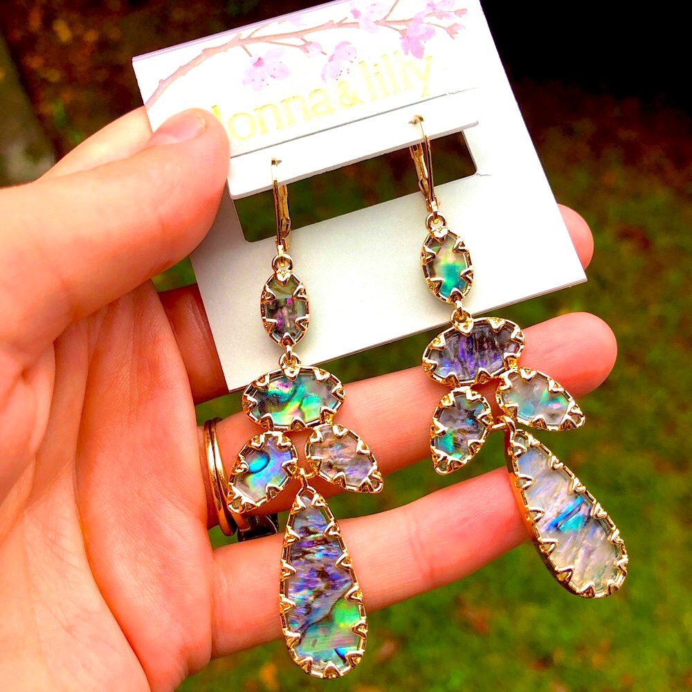 Gold and abalone dangle chandelier statement earrings - Picture 1 of 7